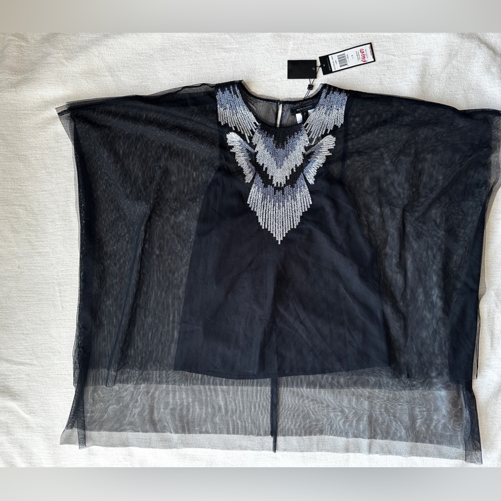 BCBG Max Azria “LORA” Embellished Mesh Capelet over camisole blouse NWT (S)